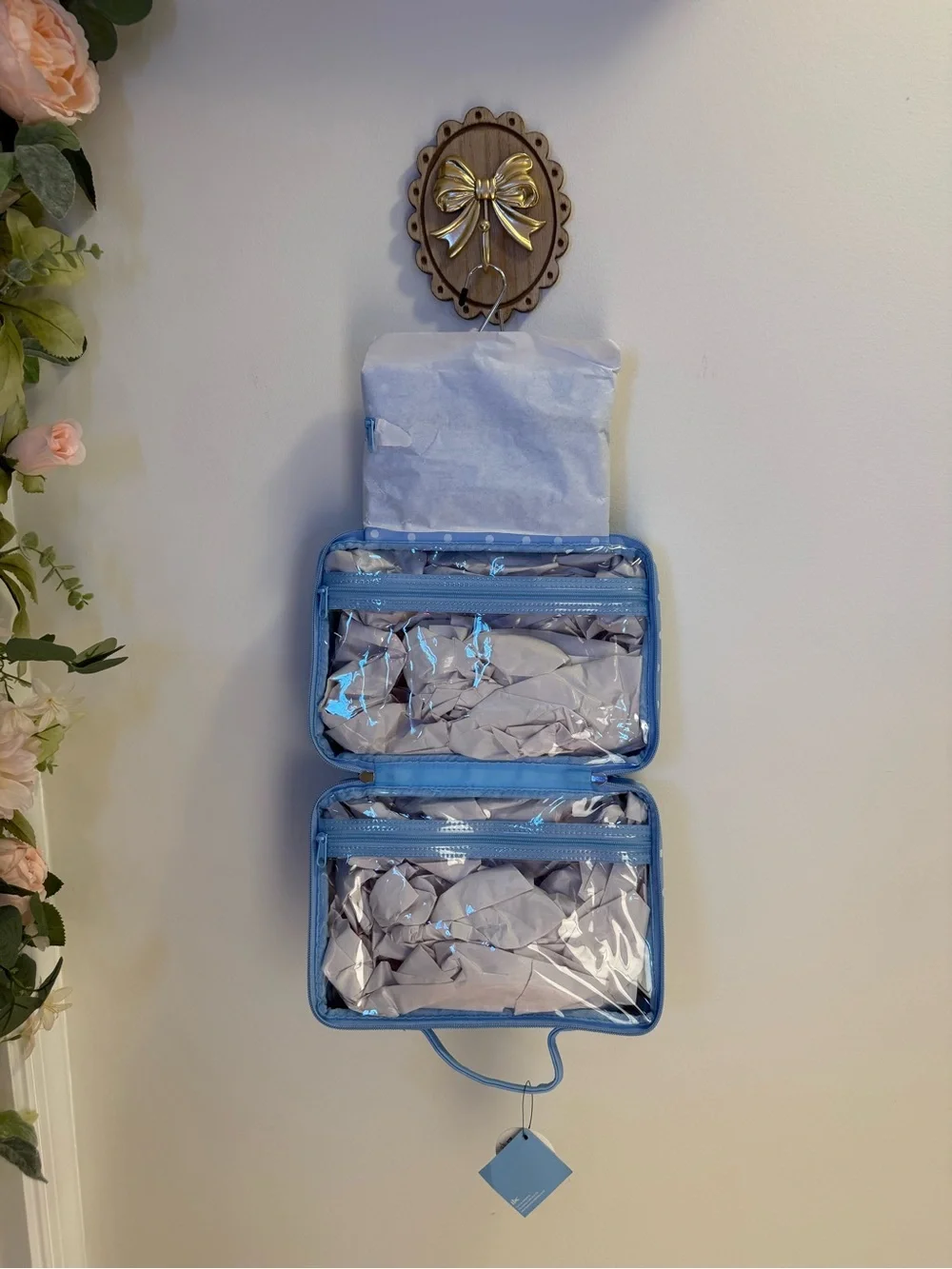NWT Tender Love + Carry Toiletry Weekender Bag in Sky Blue with White Polka Dots